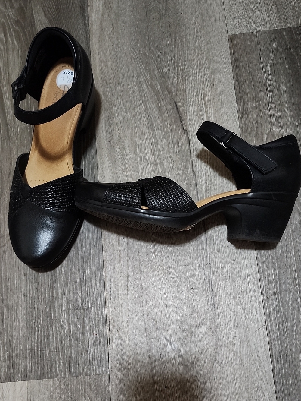 Clarks Black Leather Low Block Heel Mary Jane Sandals